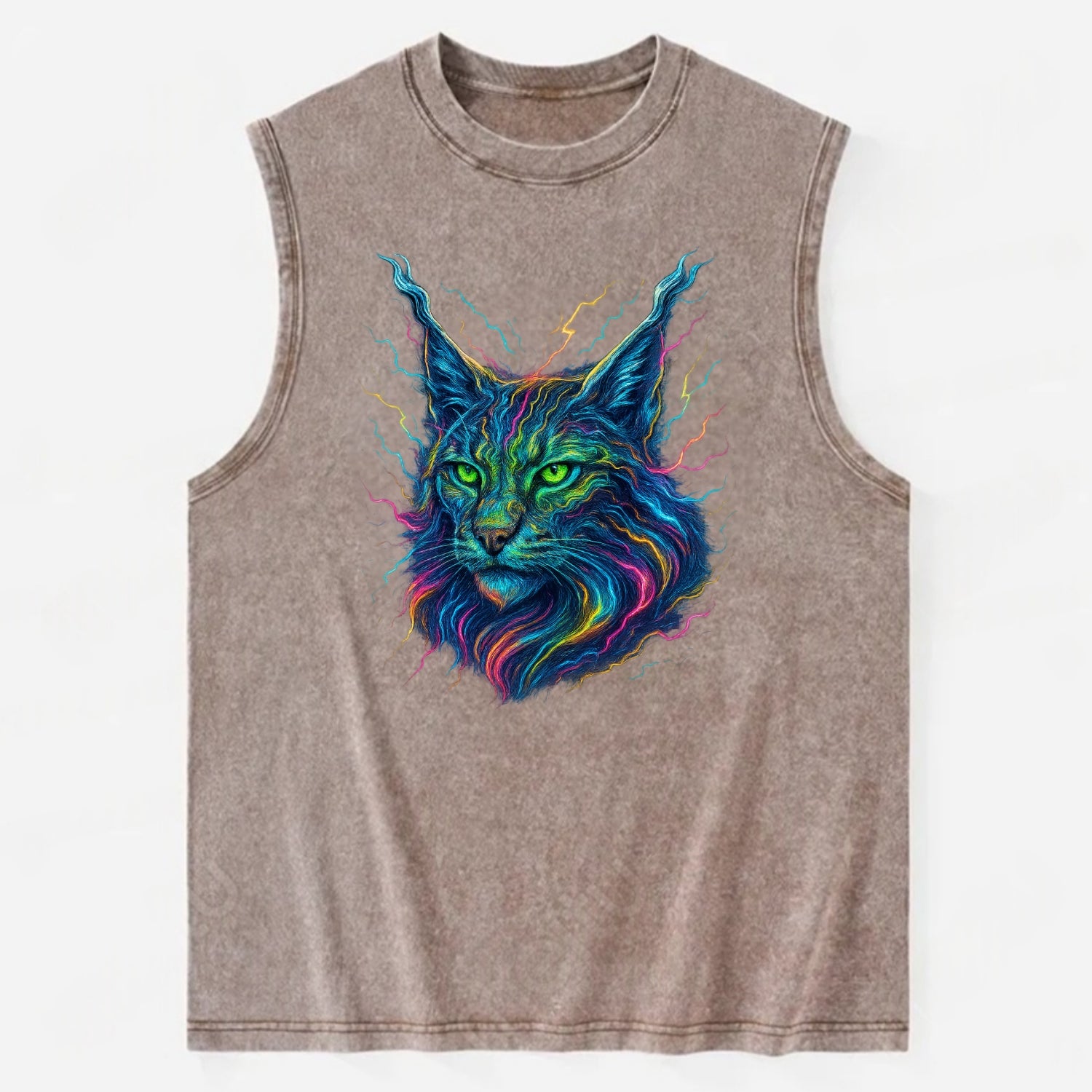 Wild lynx with ear tufts transforming into liquid mercury flows, silver and - Vintage Washed Tank - Brown