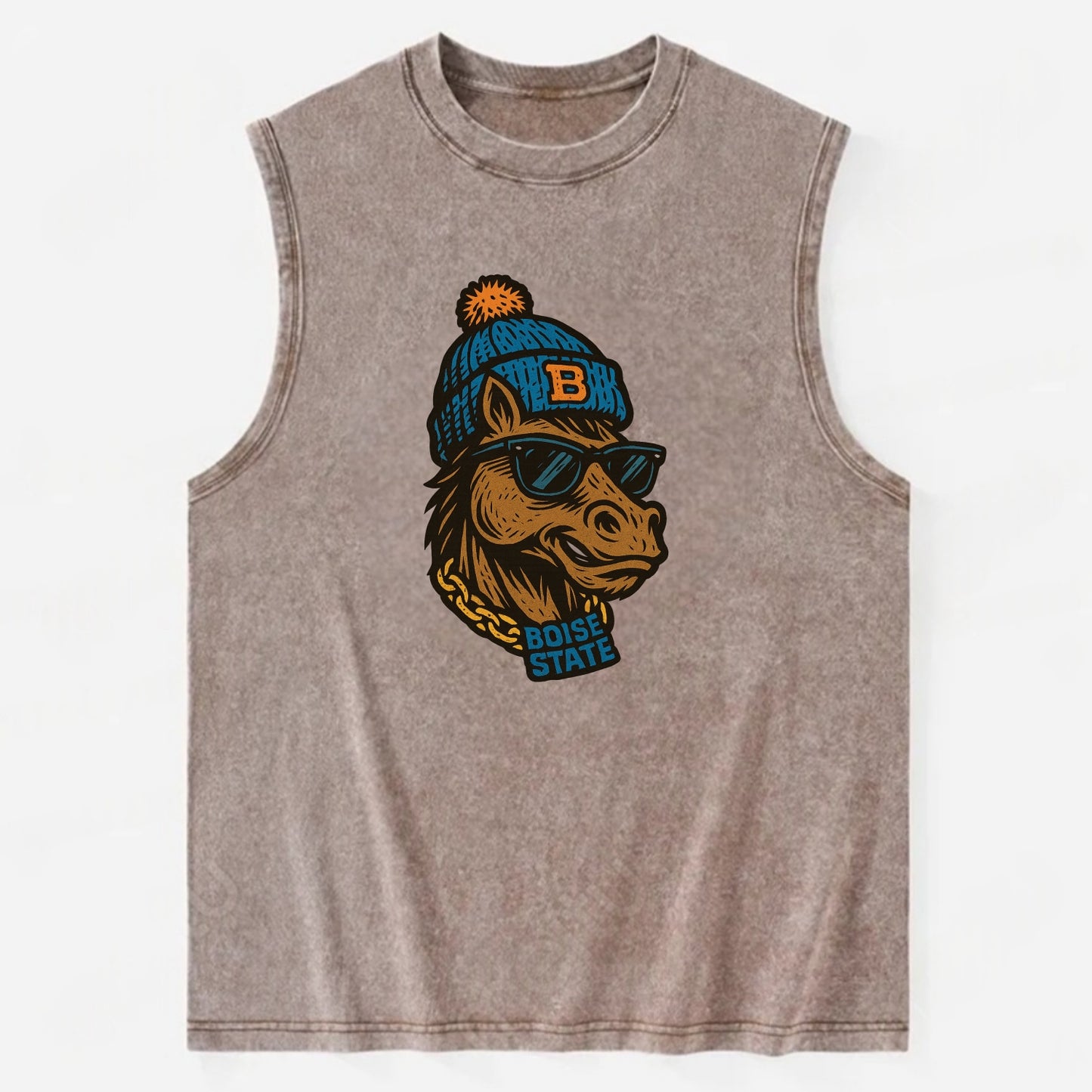Boise Bronco wearing Boise State beanie with B patch - Vintage Washed Tank - Brown