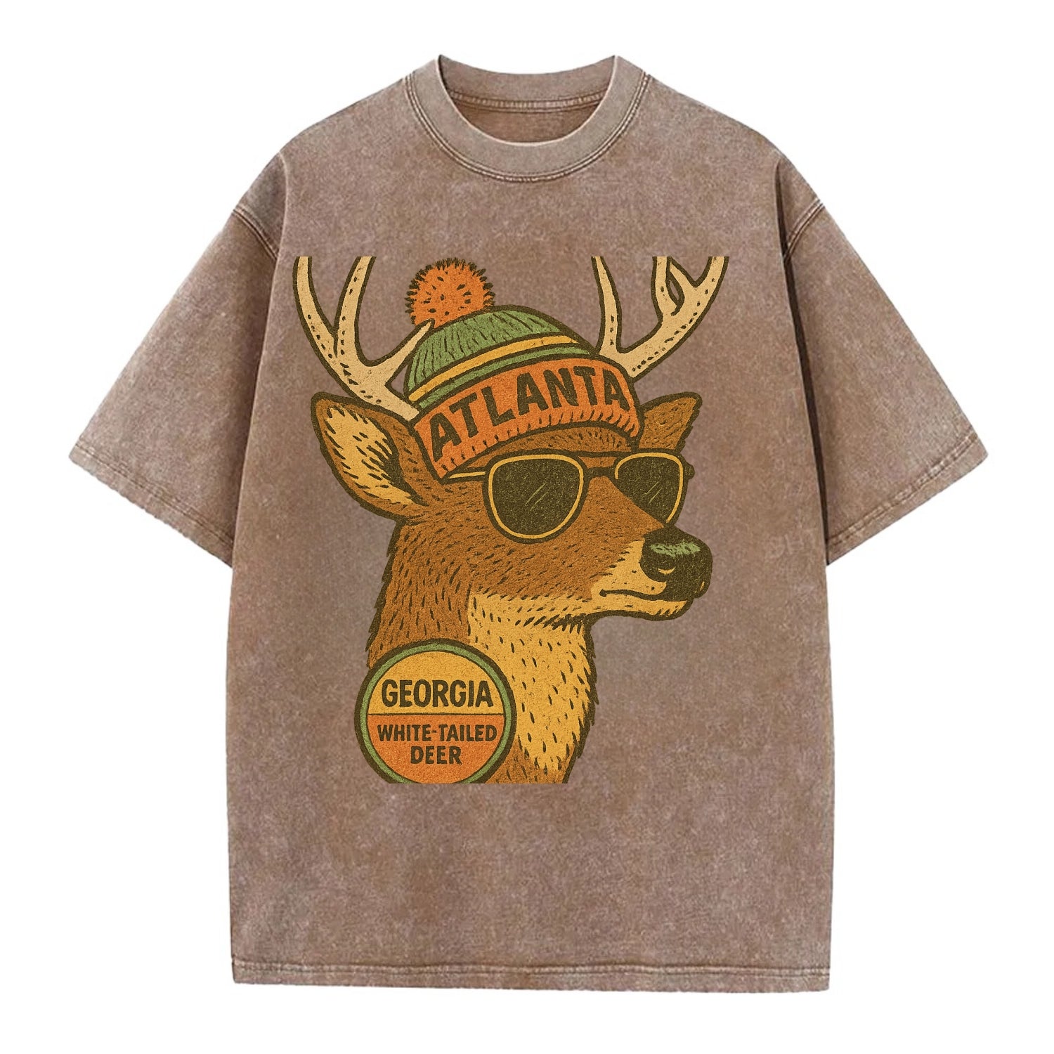 Georgia White-tailed Deer wearing Atlanta beanie with pom pom and wayfarer - Vintage T-shirt - Brown