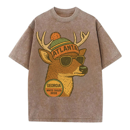 Georgia White-tailed Deer wearing Atlanta beanie with pom pom and wayfarer - Vintage T-shirt - Brown