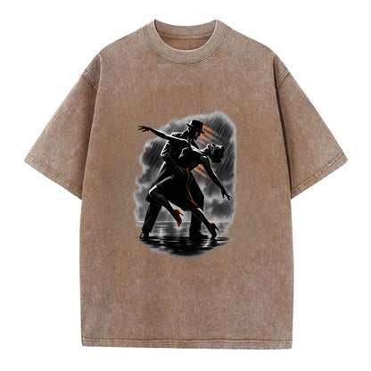 romantic dance pose with woman lifted in the air at lakeside - Vintage T-shirt - Brown