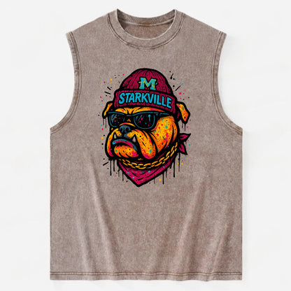 Starkville Bulldog wearing Mississippi State beanie with M patch - Vintage Washed Tank - Brown