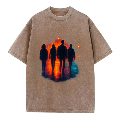 gang of silhouettes walking together at sunset by the beach - Vintage T-shirt - Brown