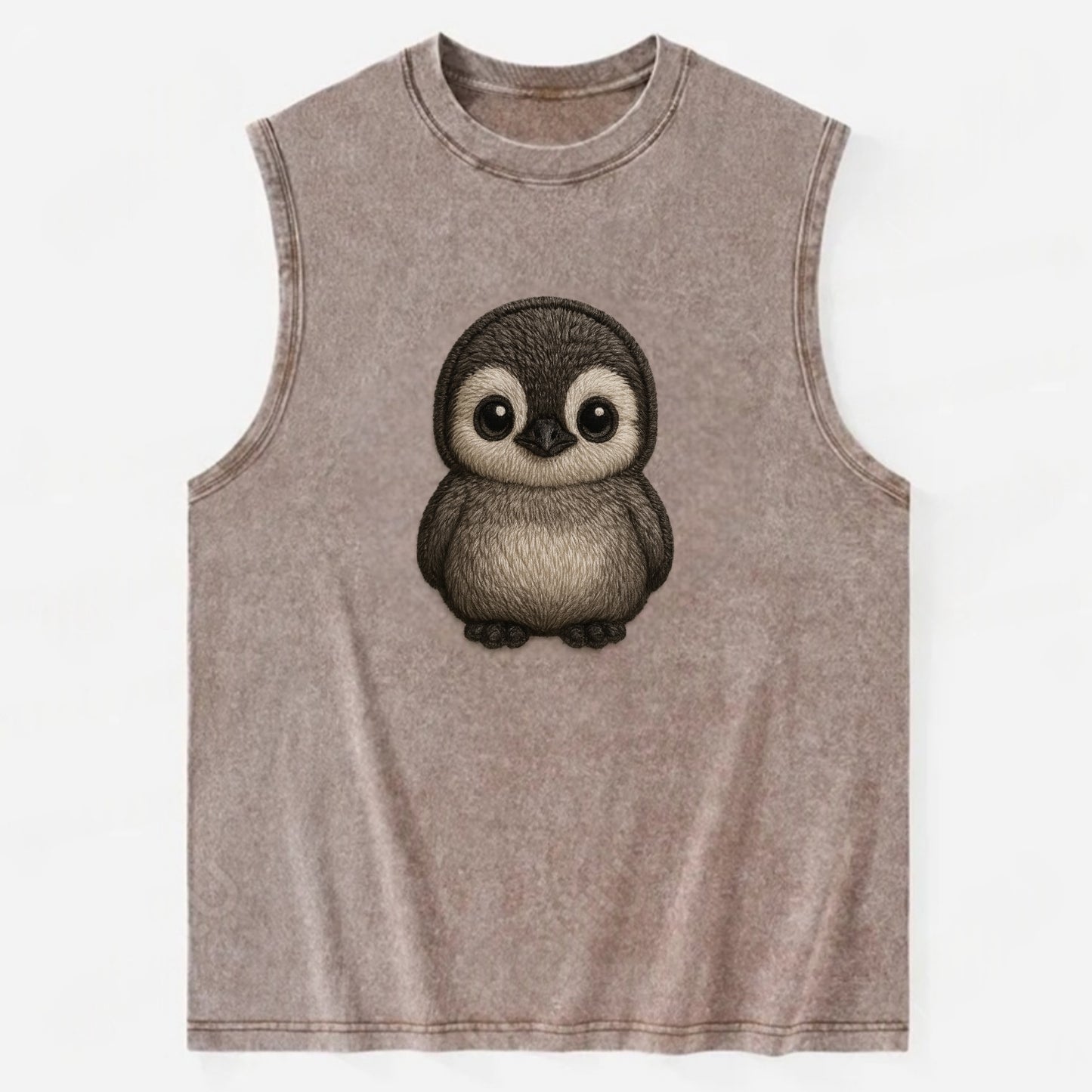 Baby Penguin Chick - gray fluffy, white face, round body, front-facing, - Vintage Washed Tank - Brown