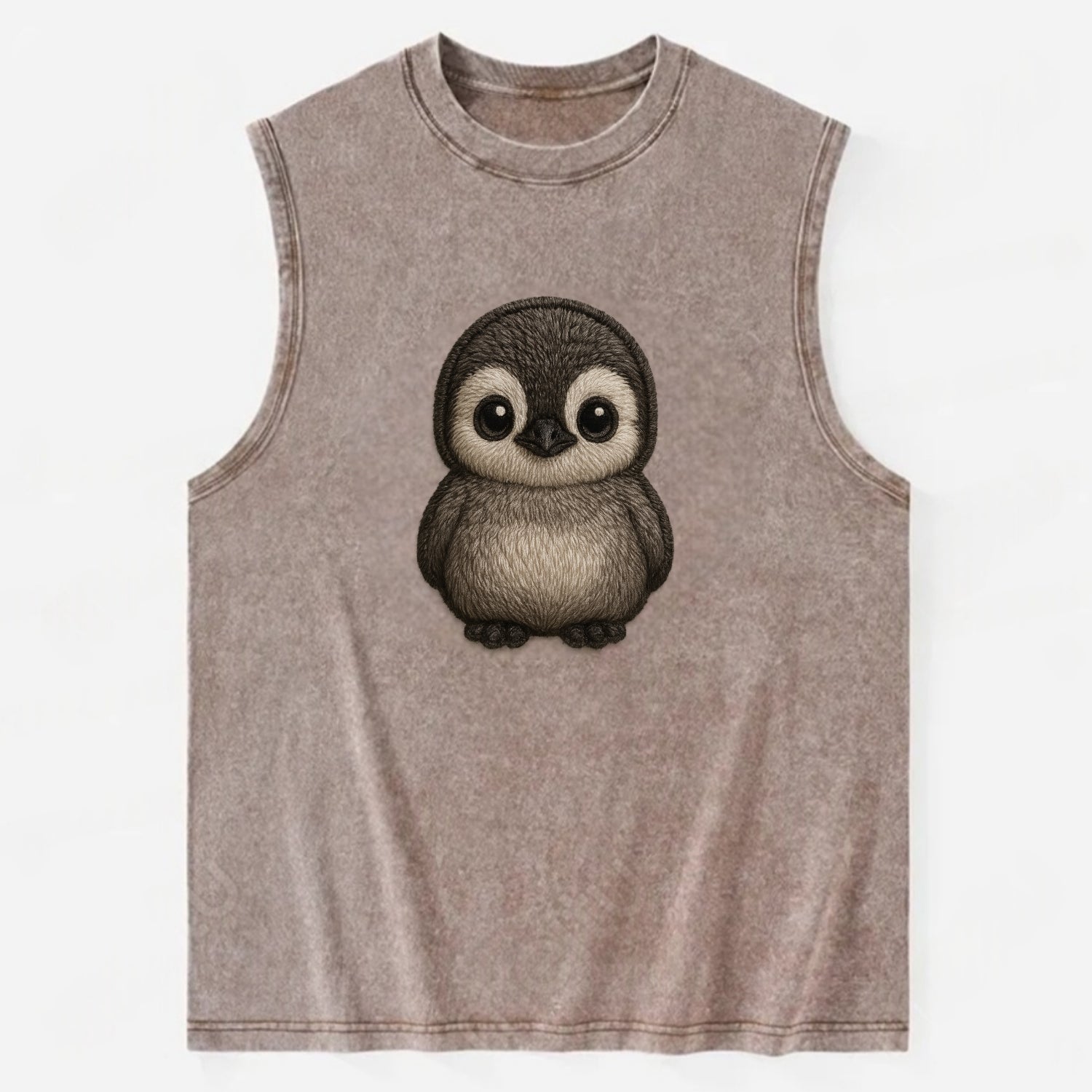 Baby Penguin Chick - gray fluffy, white face, round body, front-facing, - Vintage Washed Tank - Brown
