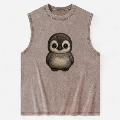 Baby Penguin Chick - gray fluffy, white face, round body, front-facing, - Vintage Washed Tank - Brown
