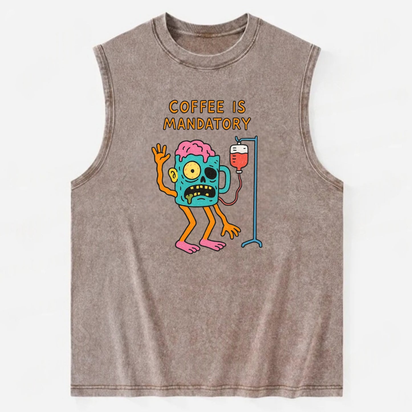 COFFEE IS MANDATORY | Zombie mug with IV drip - Vintage Washed Tank - Brown