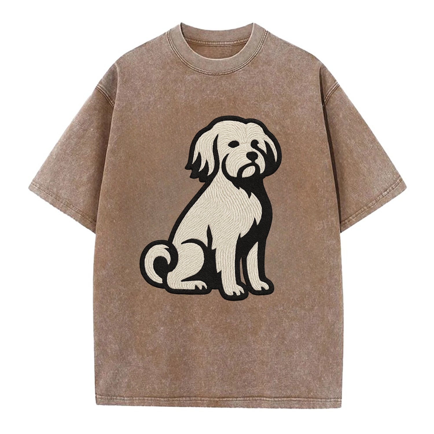 Löwchen - Little Lion Dog white embroide - Vintage T-shirt - Brown