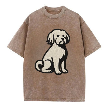 Löwchen - Little Lion Dog white embroide - Vintage T-shirt - Brown