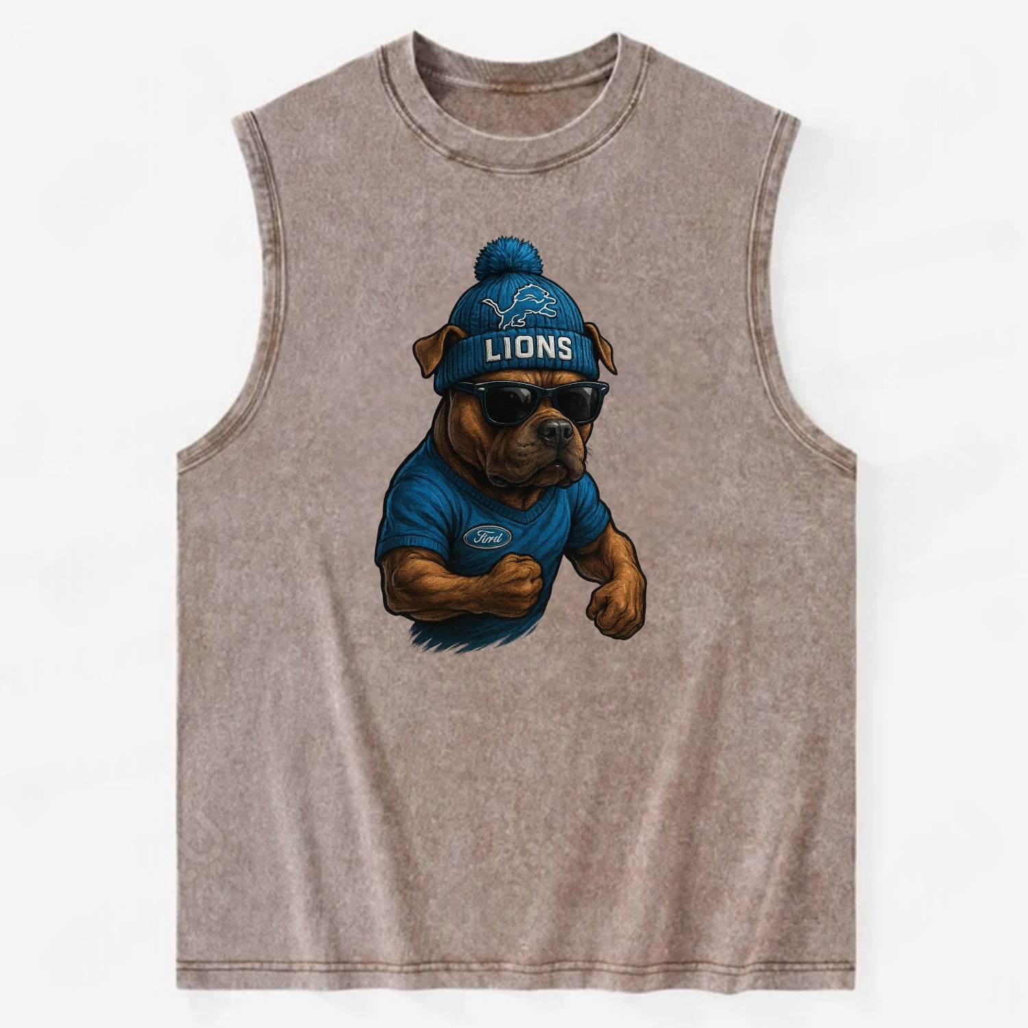Detroit Pitbull wearing Lions beanie with auto patch and wayfarer sunglasses - Vintage Washed Tank - Brown