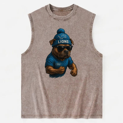 Detroit Pitbull wearing Lions beanie with auto patch and wayfarer sunglasses - Vintage Washed Tank - Brown