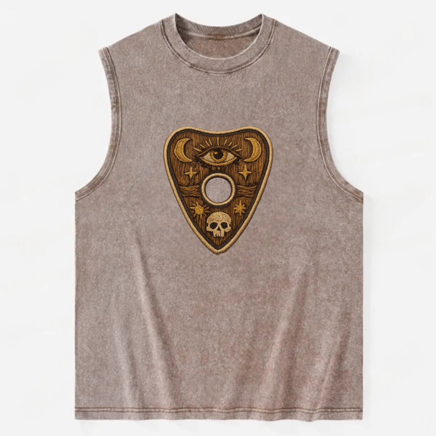 OUIJA PLANCHETTE - spirit board pointer in wood and gold , seance - Vintage Washed Tank - Brown