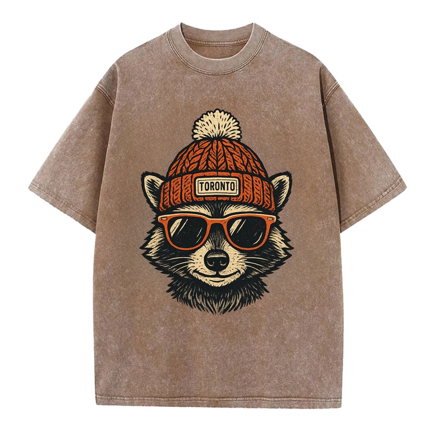 Toronto Raccoon wearing Toronto beanie with pom pom and wayfarer sunglasses - Vintage T-shirt - Brown