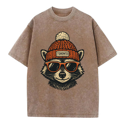 Toronto Raccoon wearing Toronto beanie with pom pom and wayfarer sunglasses - Vintage T-shirt - Brown