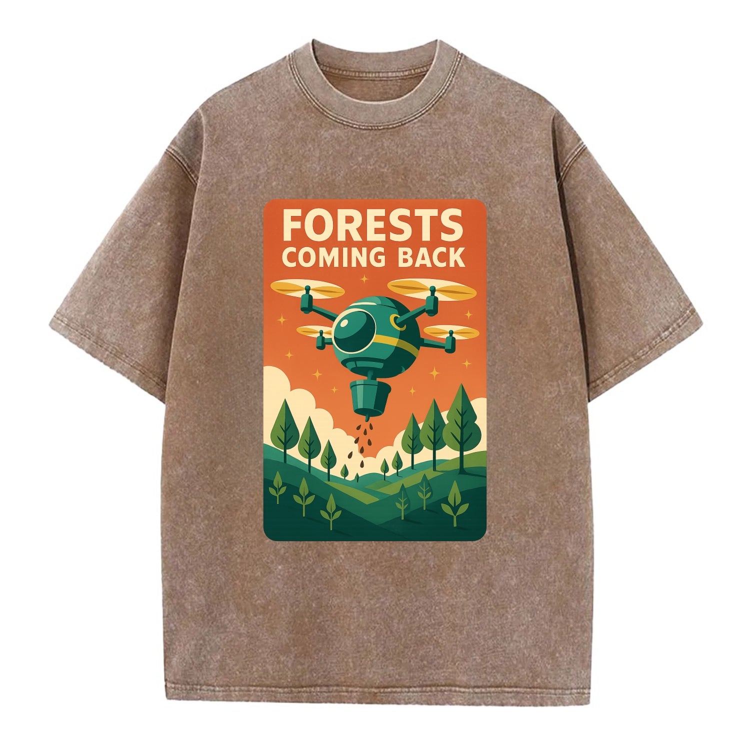 Reforestation drone planting millions of trees - "Forests Coming Back" - nature - Vintage T-shirt - Brown