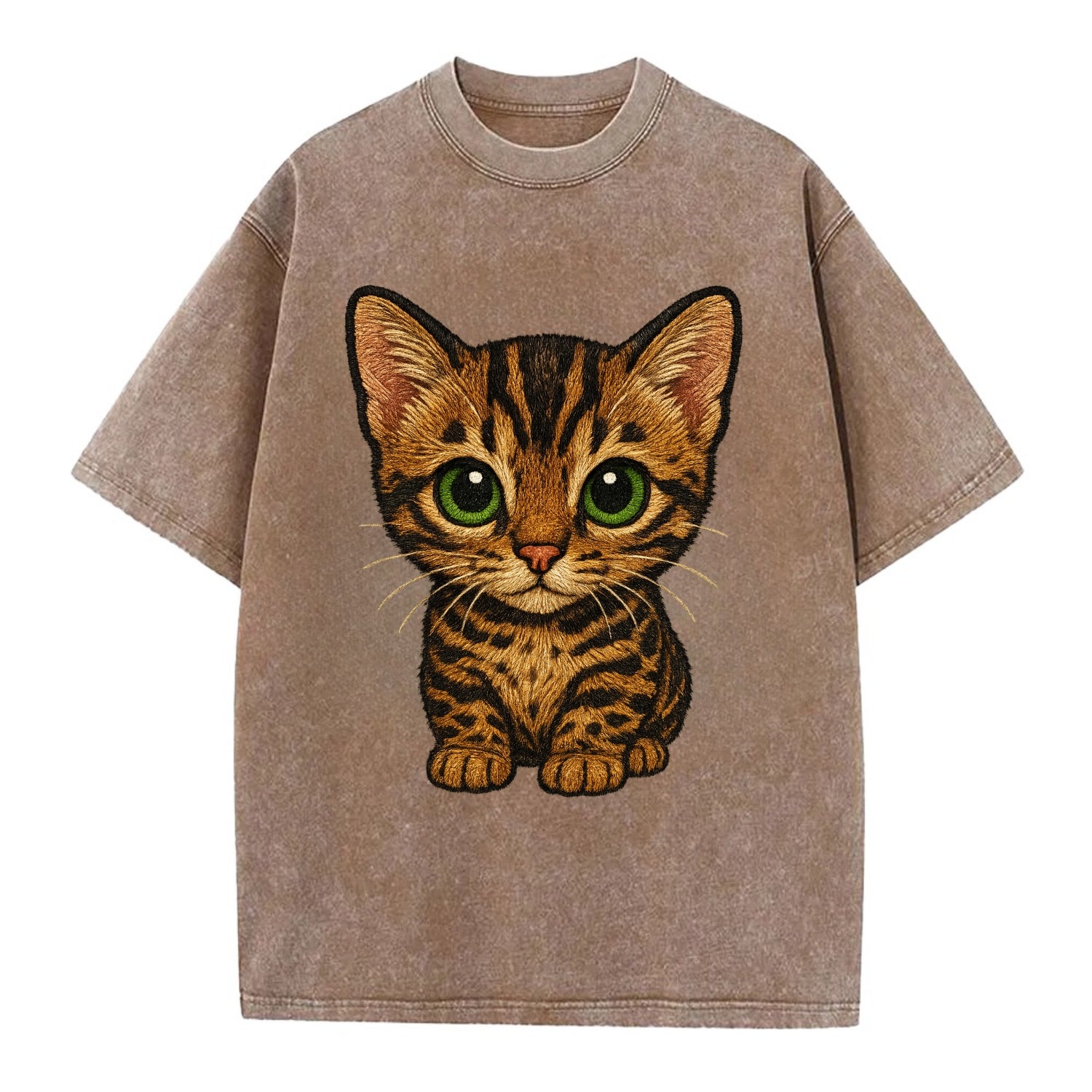Baby Bengal Kitten - spotted/marbled wild coat, green eyes, athletic build, - Vintage T-shirt - Brown