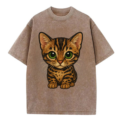 Baby Bengal Kitten - spotted/marbled wild coat, green eyes, athletic build, - Vintage T-shirt - Brown