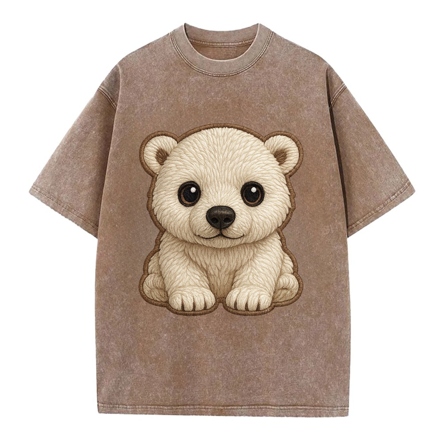 Baby Polar Bear Cub - white fluffy, black nose, dark curious eyes, front-facing, - Vintage T-shirt - Brown
