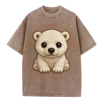 Baby Polar Bear Cub - white fluffy, black nose, dark curious eyes, front-facing, - Vintage T-shirt - Brown