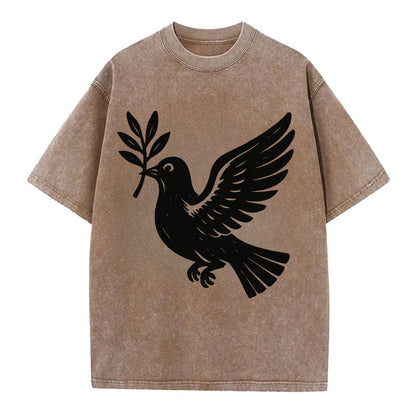 Dove carrying olive branch - peace movement ink painting - Vintage T-shirt - Brown