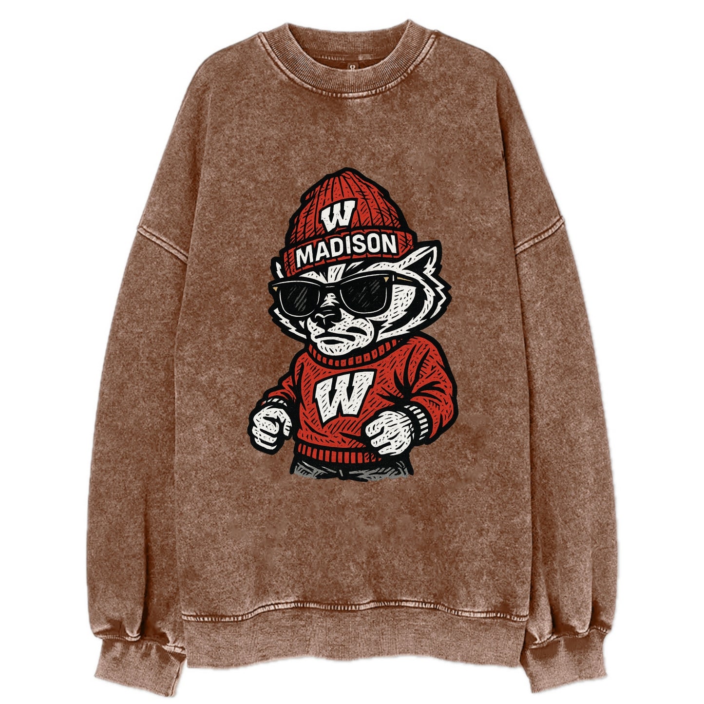 Madison Badger wearing Wisconsin beanie with motion W patch - Vintage Sweatshirt - Brown