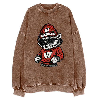 Madison Badger wearing Wisconsin beanie with motion W patch - Vintage Sweatshirt - Brown