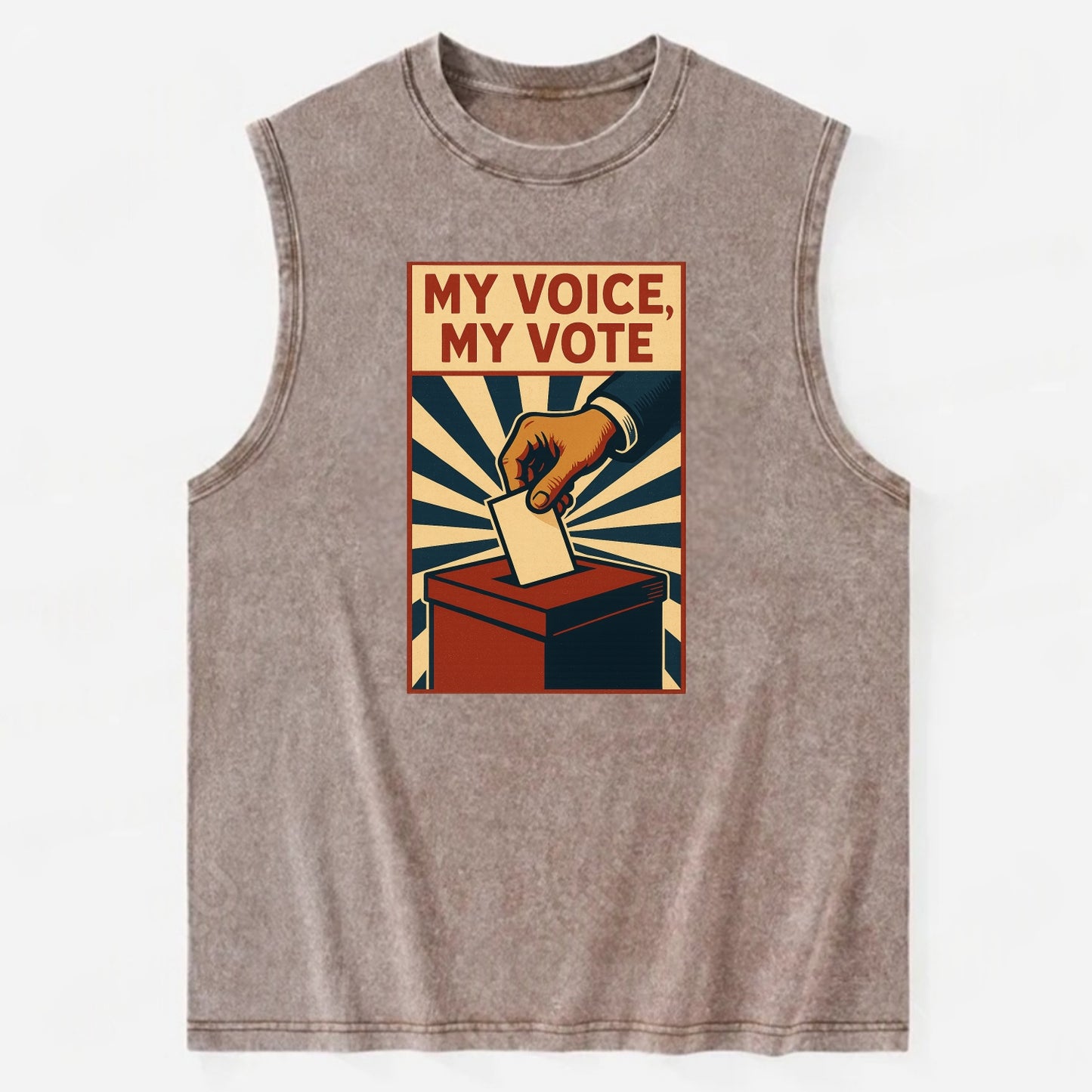 Hand dropping ballot into box with determination - "My Voice, My Vote" - - Vintage Washed Tank - Brown