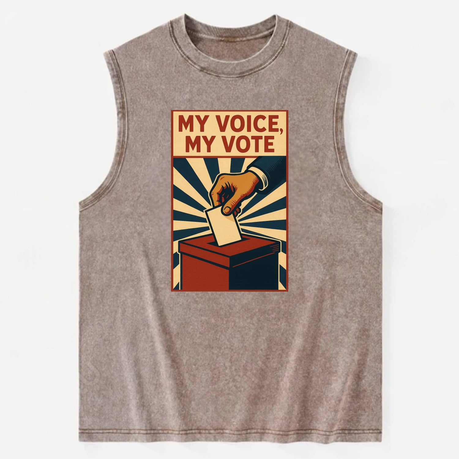 Hand dropping ballot into box with determination - "My Voice, My Vote" - - Vintage Washed Tank - Brown