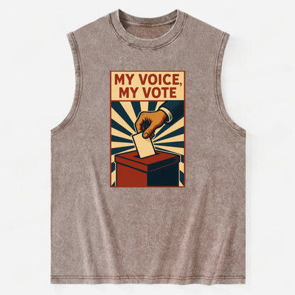 Hand dropping ballot into box with determination - "My Voice, My Vote" - - Vintage Washed Tank - Brown