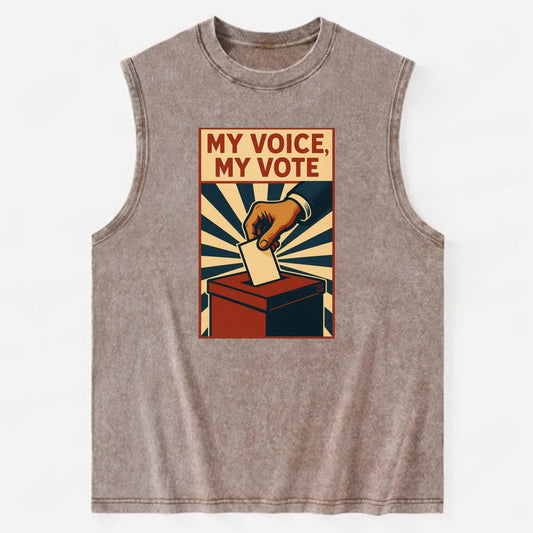 Hand dropping ballot into box with determination - "My Voice, My Vote" - - Vintage Washed Tank - Brown