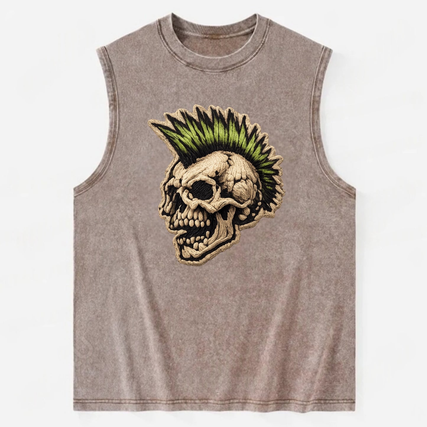 MOHAWK SKULL - punk skull with mohawk in neon green and black , punk rock - Vintage Washed Tank - Brown