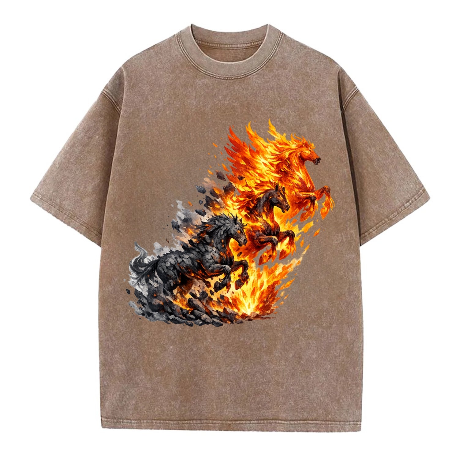 INFERNO STALLION | Horse made entirely of living flames | Blazing mane and tail | - Vintage T-shirt - Brown