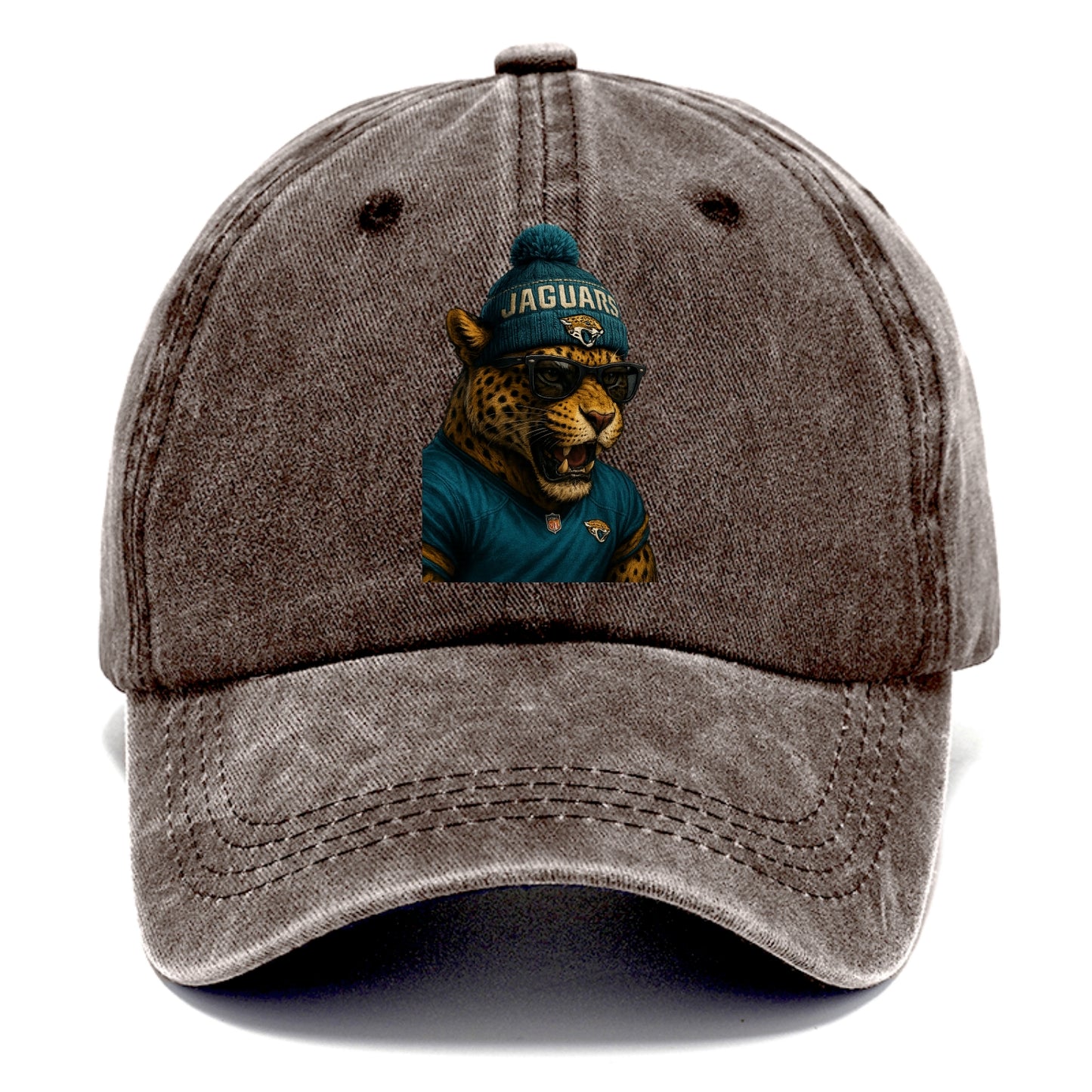Jacksonville Jaguar wearing Jaguars teal and gold beanie with pom pom and wayfarer - Classic Cap - Brown