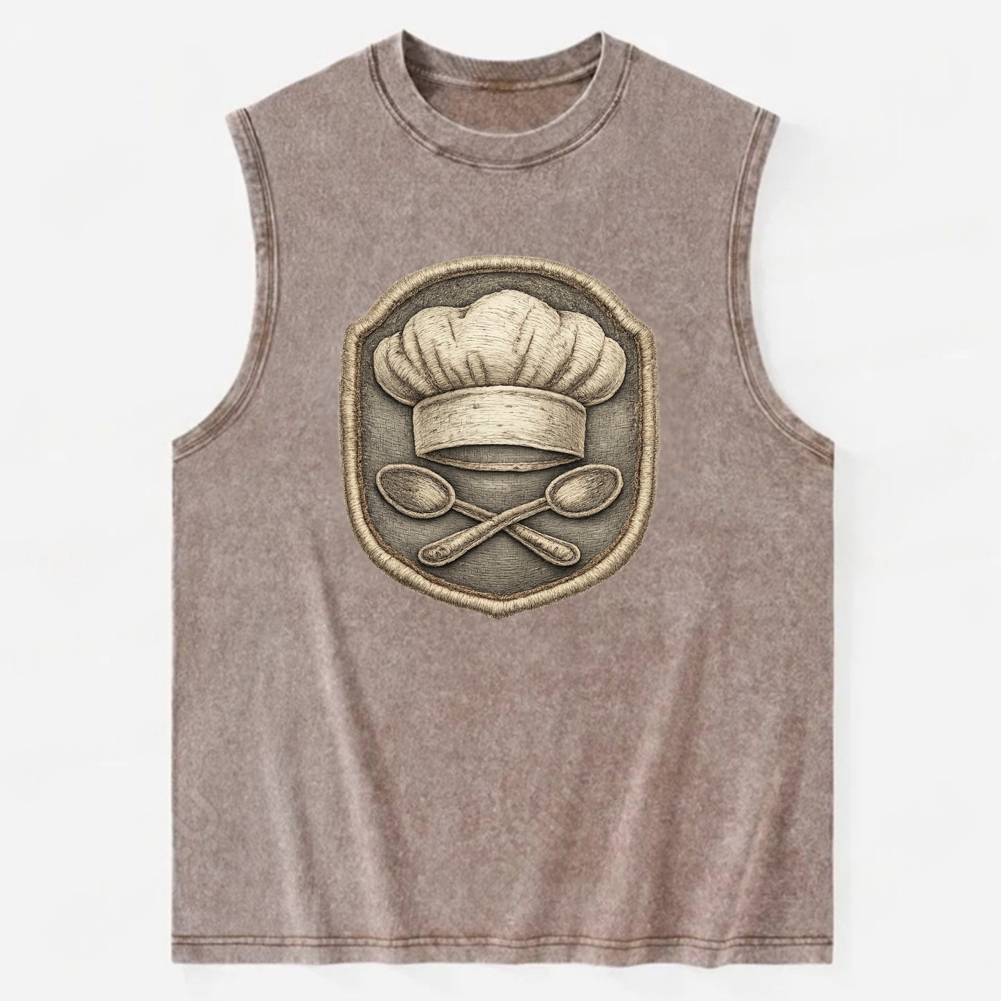COOKING CHEF HAT - toque blanche with crossed spoons in white and silver , - Vintage Washed Tank - Brown