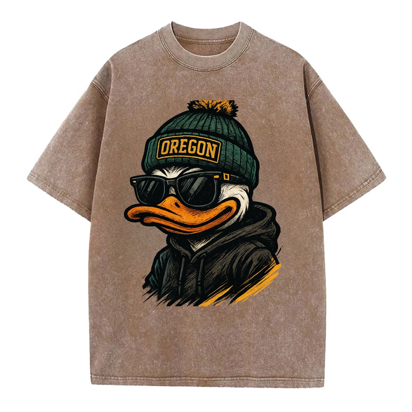 Eugene Duck wearing Oregon beanie with O patch - Vintage T-shirt - Brown