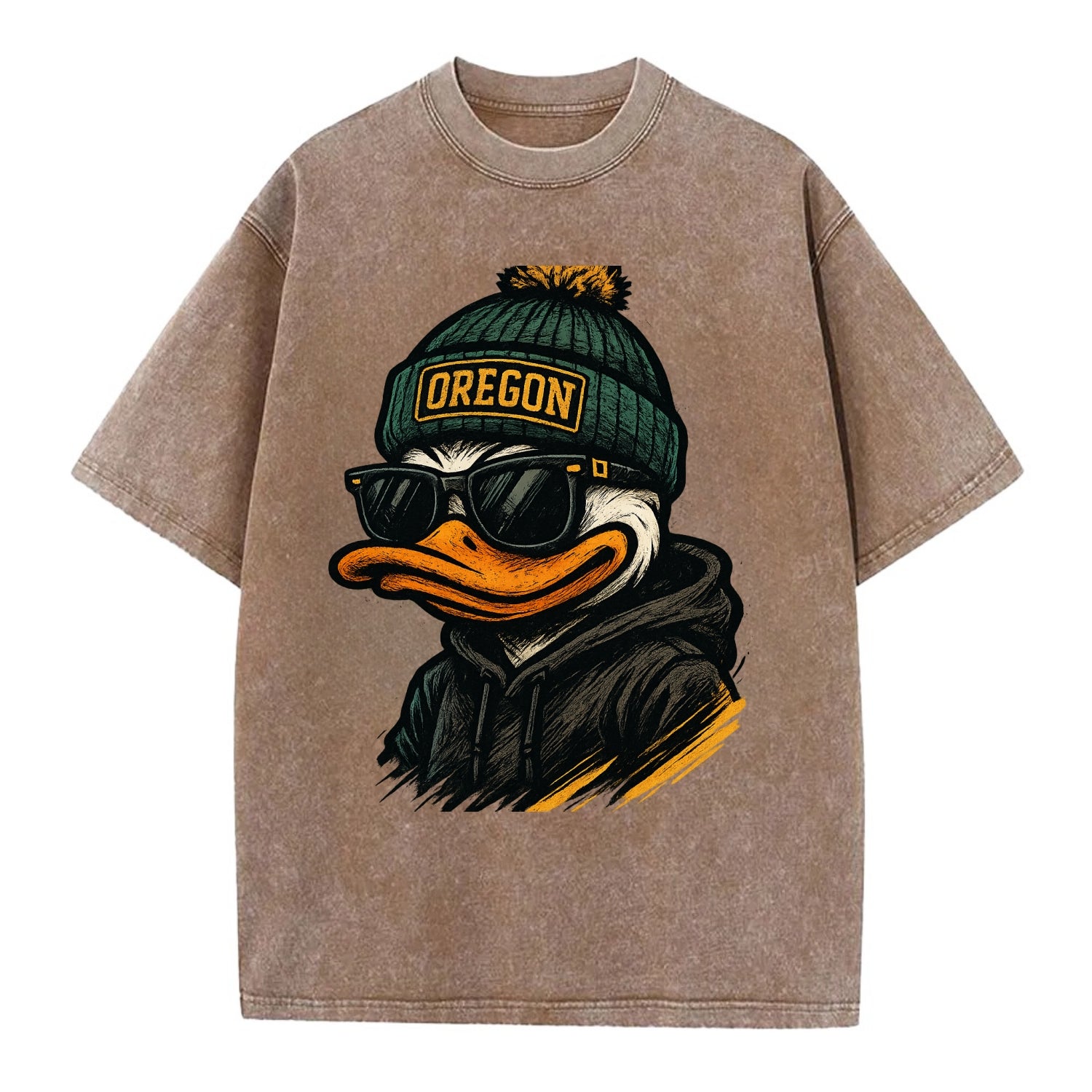 Eugene Duck wearing Oregon beanie with O patch - Vintage T-shirt - Brown