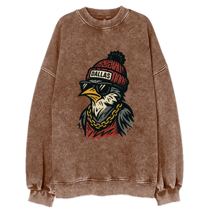 Dallas Mockingbird wearing Dallas beanie with pom pom and wayfarer sunglasses - Vintage Sweatshirt - Brown