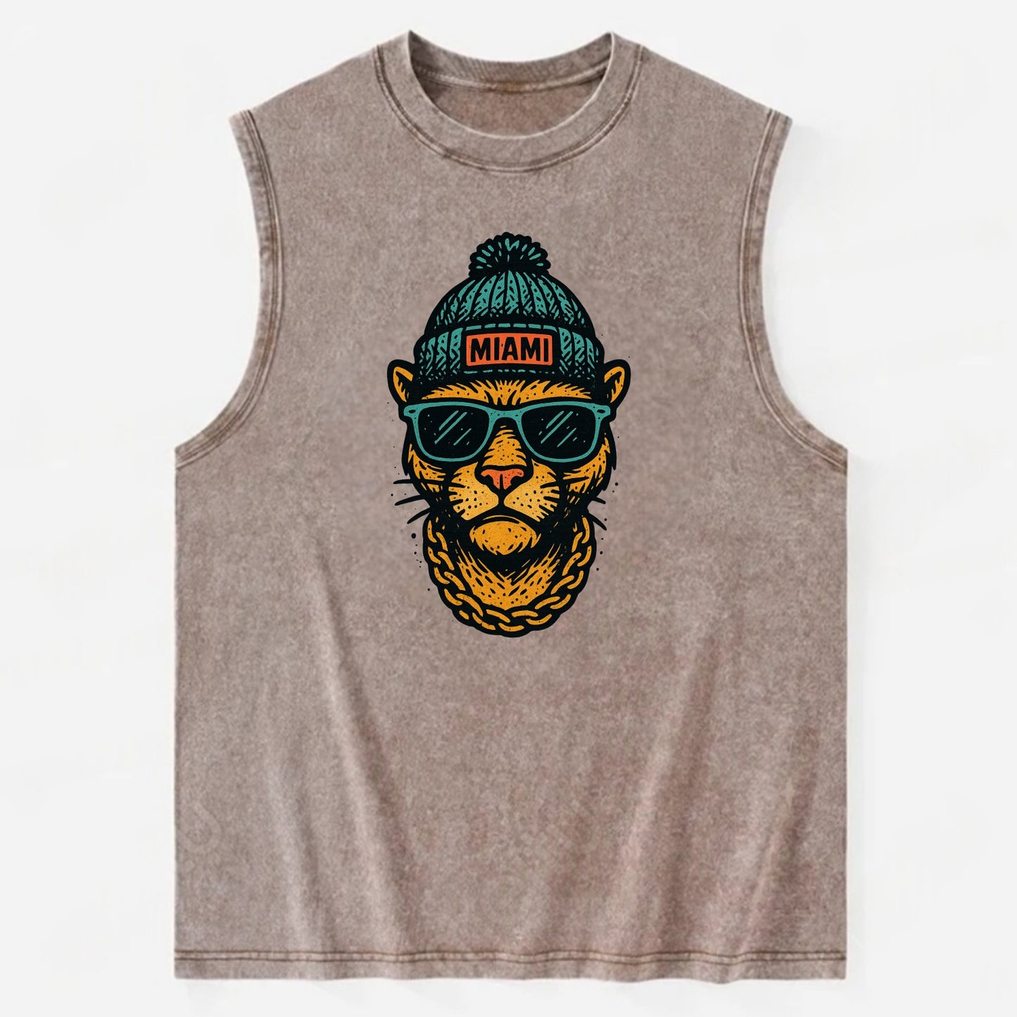 Florida Panther wearing Miami beanie with pom pom and wayfarer sunglasses - Vintage Washed Tank - Brown