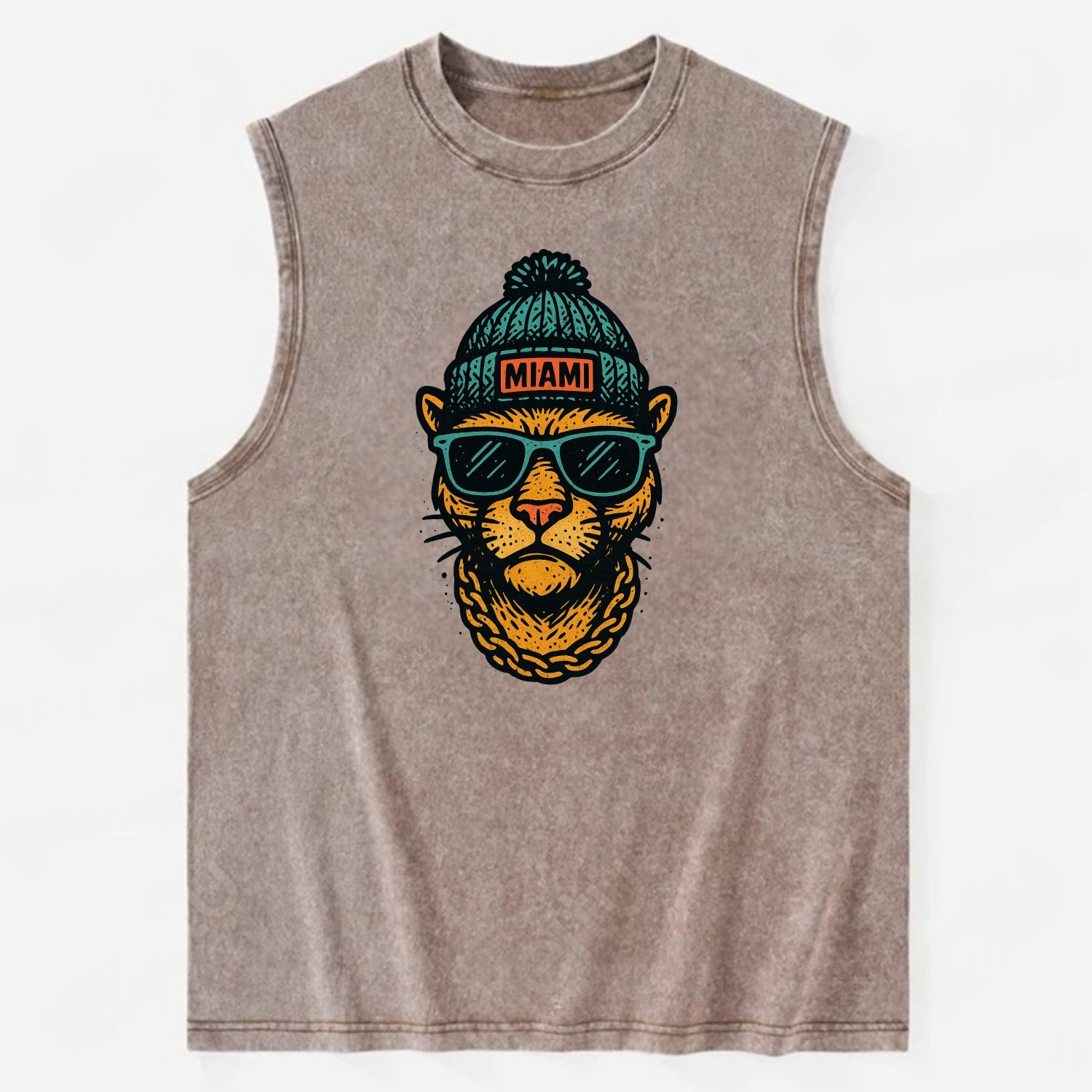 Florida Panther wearing Miami beanie with pom pom and wayfarer sunglasses - Vintage Washed Tank - Brown