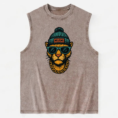 Florida Panther wearing Miami beanie with pom pom and wayfarer sunglasses - Vintage Washed Tank - Brown
