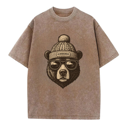 New Mexico Black Bear wearing Albuquerque beanie with pom pom and wayfarer - Vintage T-shirt - Brown