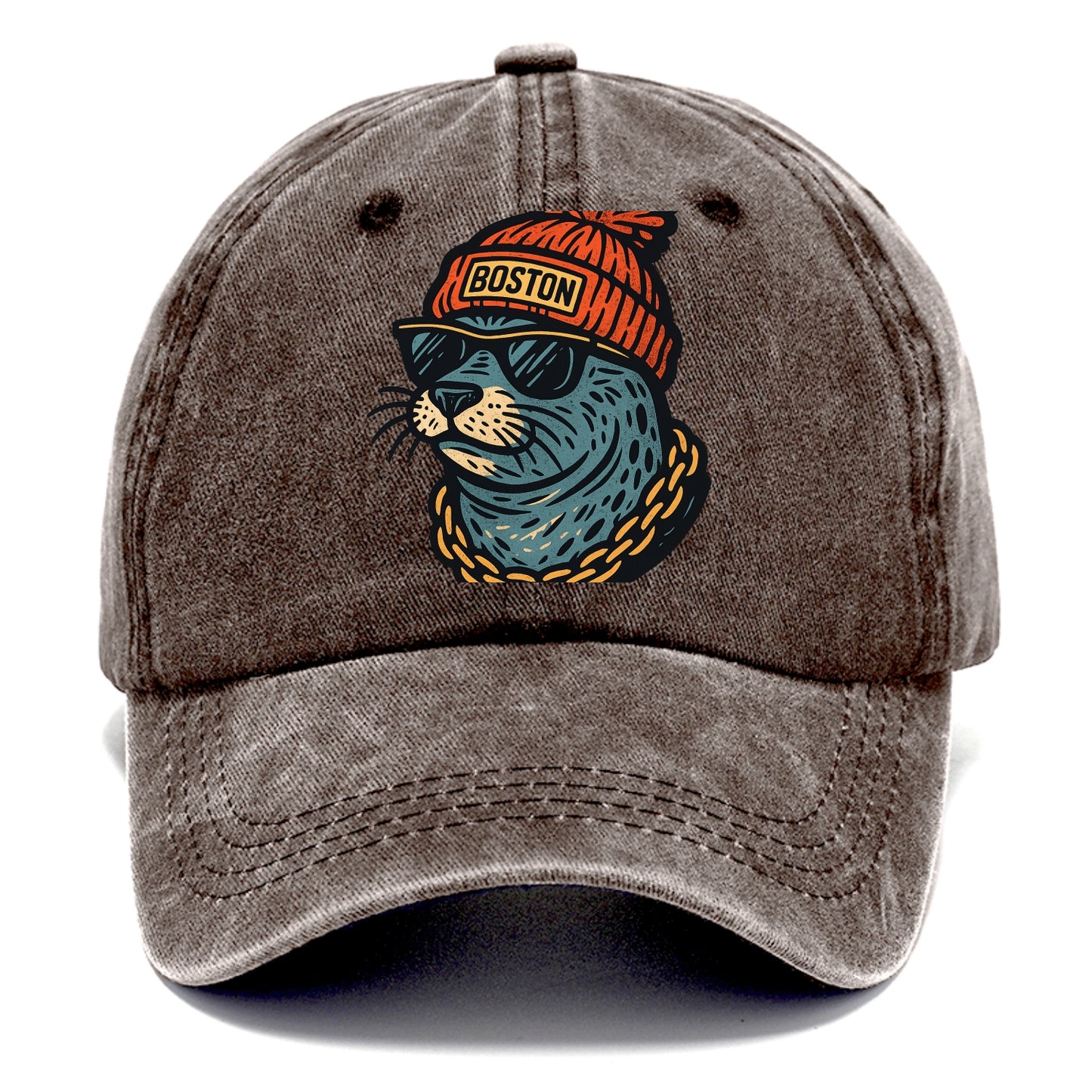 Boston Harbor Seal wearing Boston beanie with pom pom and wayfarer sunglasses - Classic Cap - Brown