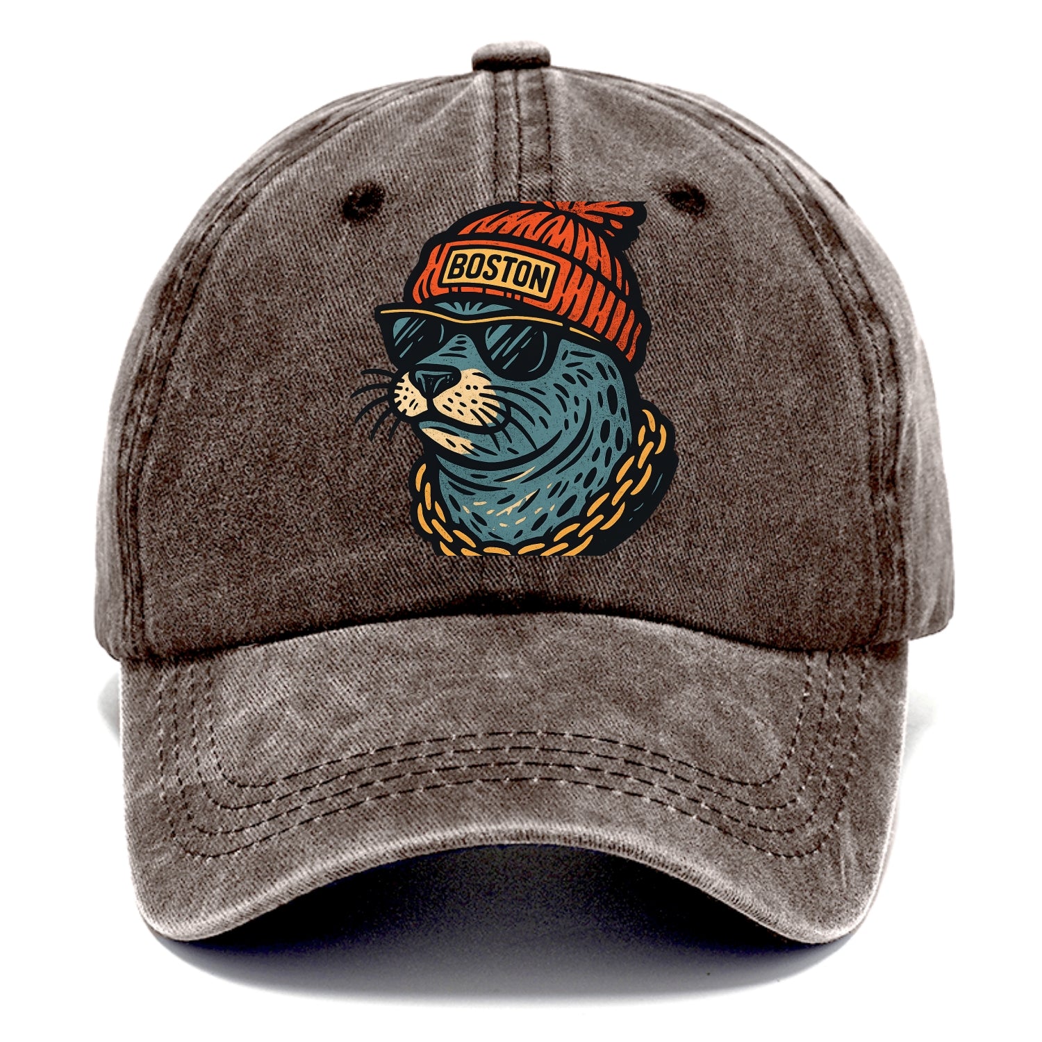 Boston Harbor Seal wearing Boston beanie with pom pom and wayfarer sunglasses - Classic Cap - Brown