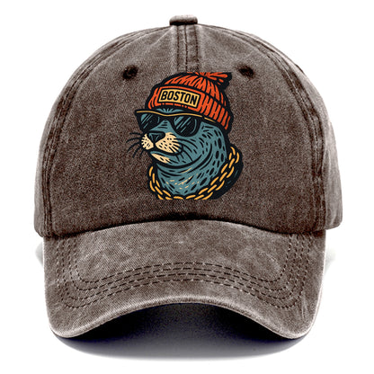 Boston Harbor Seal wearing Boston beanie with pom pom and wayfarer sunglasses - Classic Cap - Brown