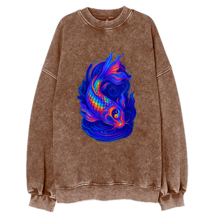 Sacred koi with scales reflecting rainbow prisms, yin-yang patterns in cosmic - Vintage Sweatshirt - Brown