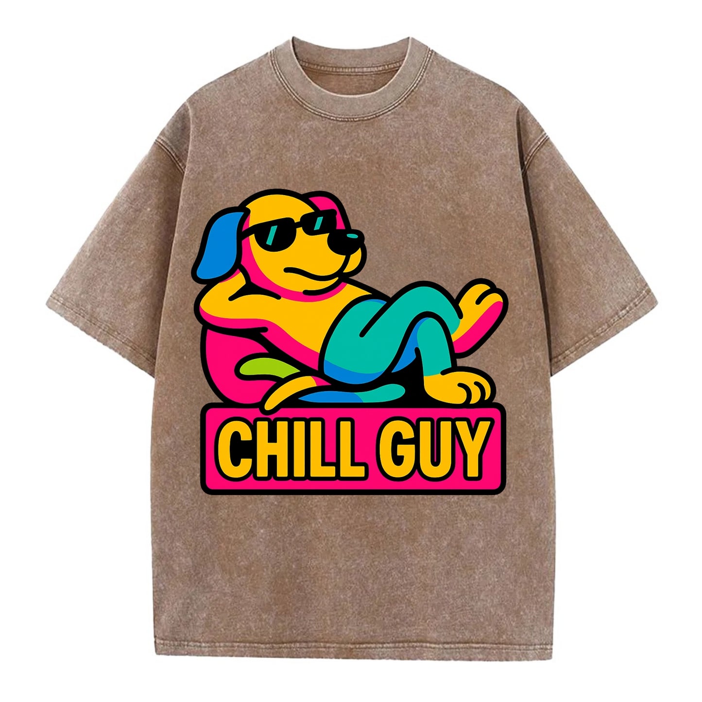 Super relaxed dog character lounging unbothered - "Chill Guy" meme energy, laid - Vintage T-shirt - Brown