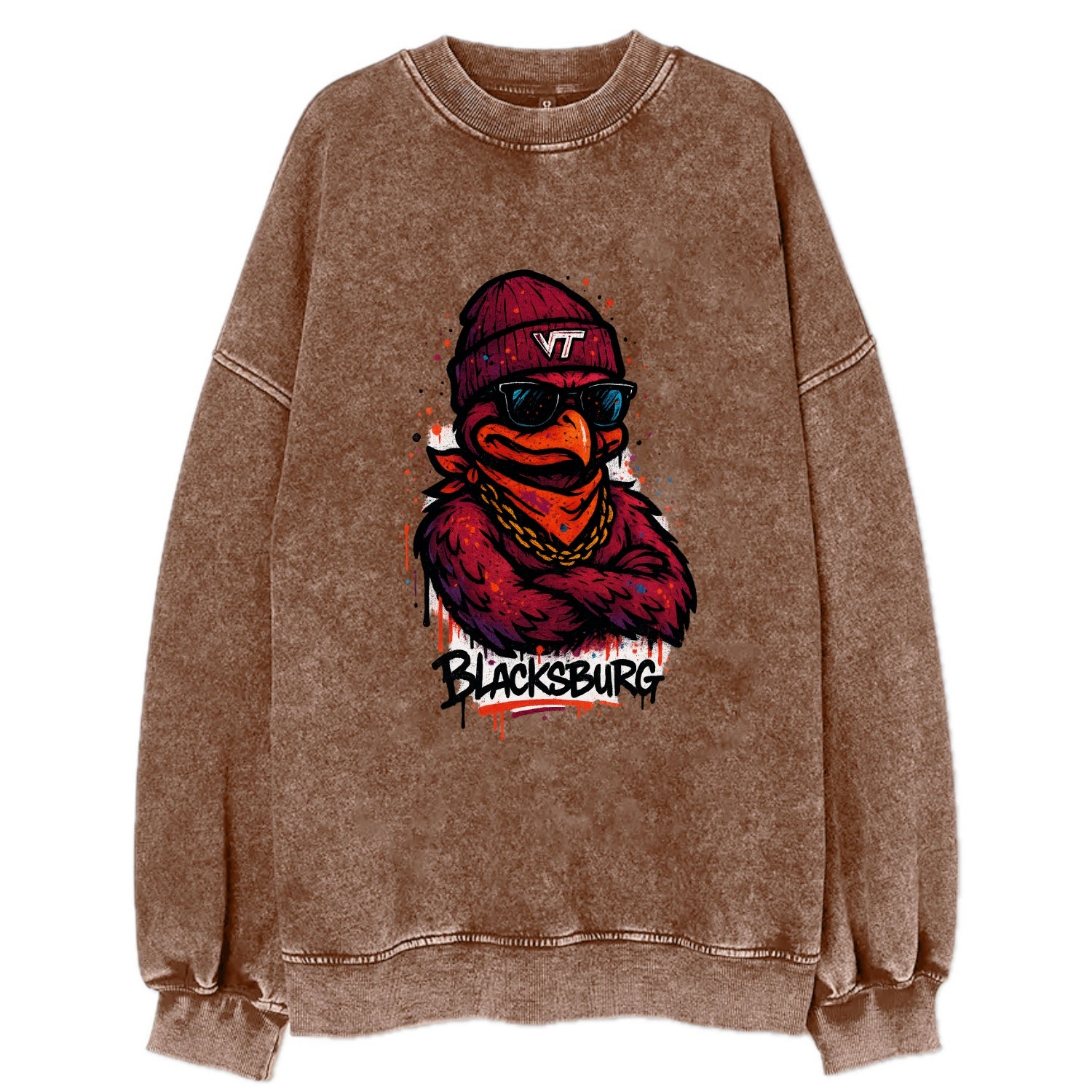Blacksburg HokieBird wearing Virginia Tech beanie with VT patch - Vintage Sweatshirt - Brown