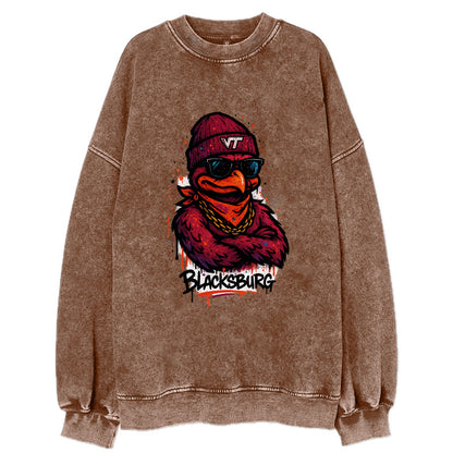 Blacksburg HokieBird wearing Virginia Tech beanie with VT patch - Vintage Sweatshirt - Brown