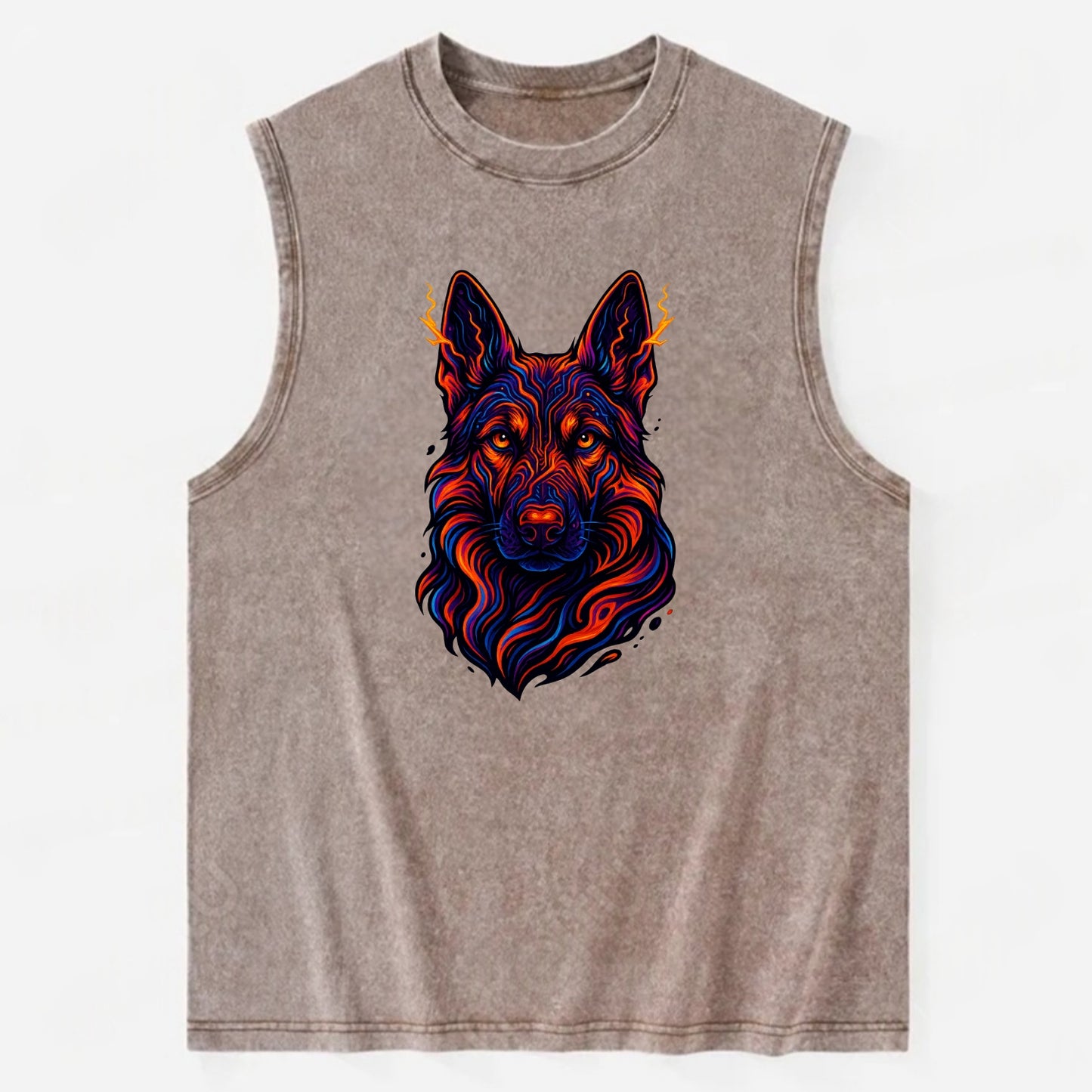 Alert German Shepherd with cyber circuit patterns in the fur, neon orange and - Vintage Washed Tank - Brown