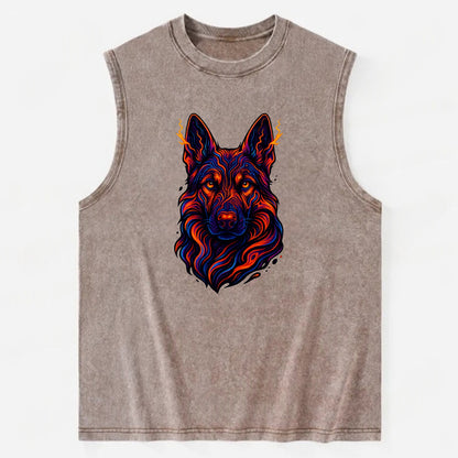 Alert German Shepherd with cyber circuit patterns in the fur, neon orange and - Vintage Washed Tank - Brown